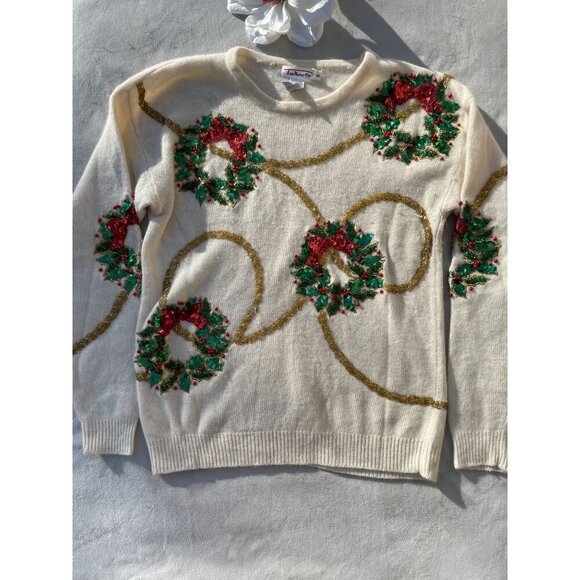 Talbots Sweaters - Vtg Talbot Beautiful Ugly Christmas Sweater S Lambswool Angora Rabbit Embroidery